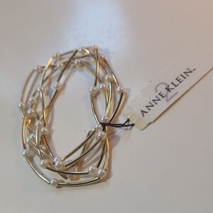 Anne Klein Gold and White Pearl Multi-Strand Bracelet With Elastic & Tag Vintage